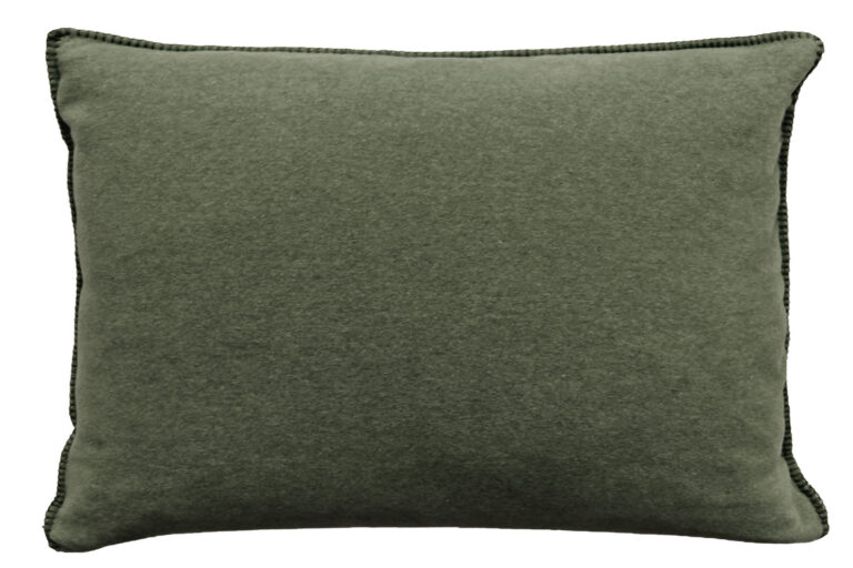 Ein quadratisches, dunkelgrünes Kissen mit feiner Kordelverzierung am Rand.