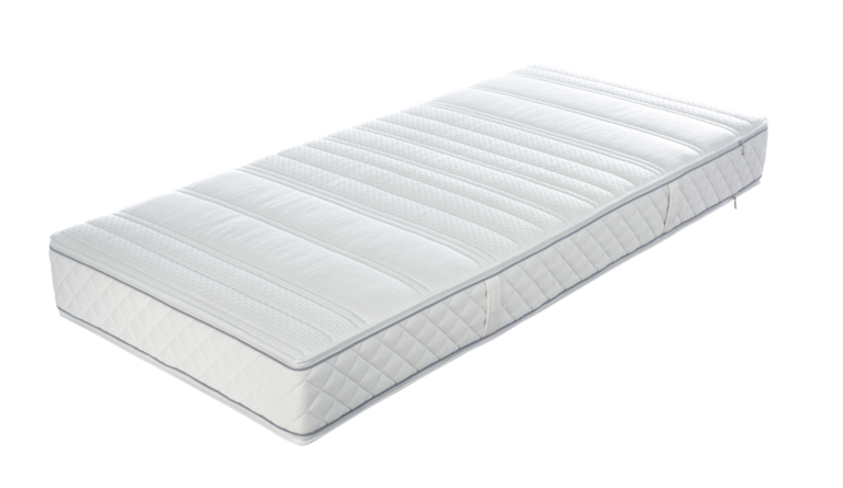 Weiße Matratze mit gestepptem Design und seitlichen Griffen auf schwarzem Hintergrund.