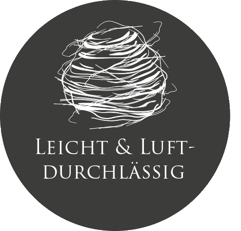 Eine Skizze eines Nestes auf schwarzem Hintergrund mit dem Text "Leicht & Luftdurchlässig".