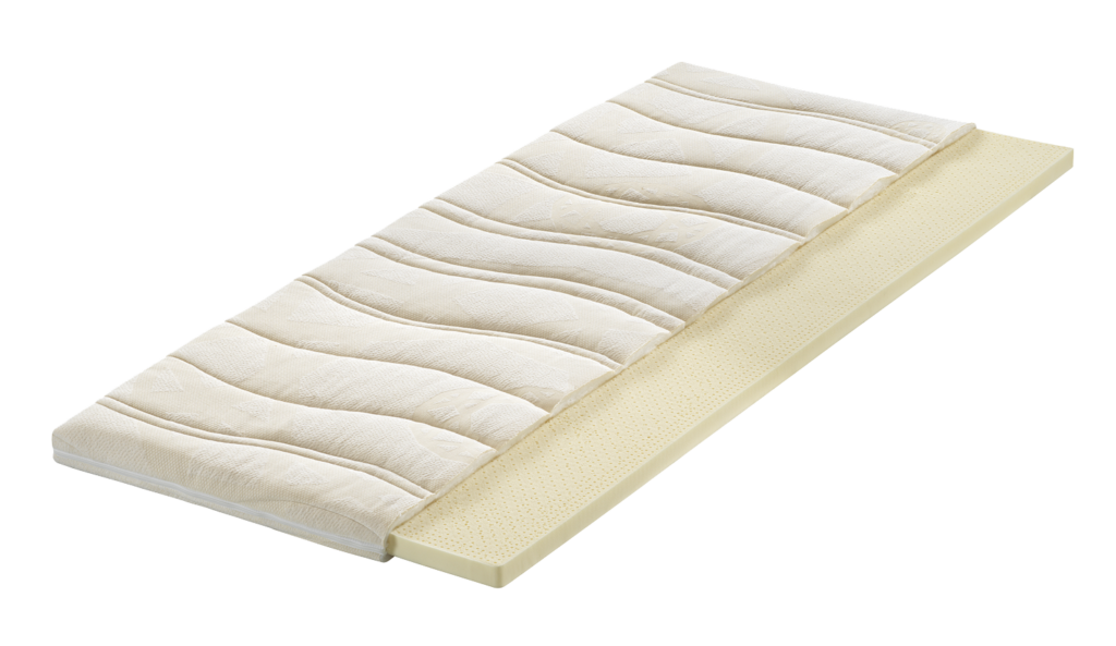Dünne Matratzenauflage mit wellenförmiger Struktur und abnehmbarem Bezug in hellem Beige.
