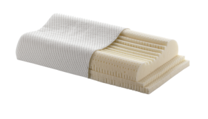 Ergonomisches Kissen aus latexförmigem Material mit gestanzten Luftlöchern und abnehmbarer Stoffhülle.
