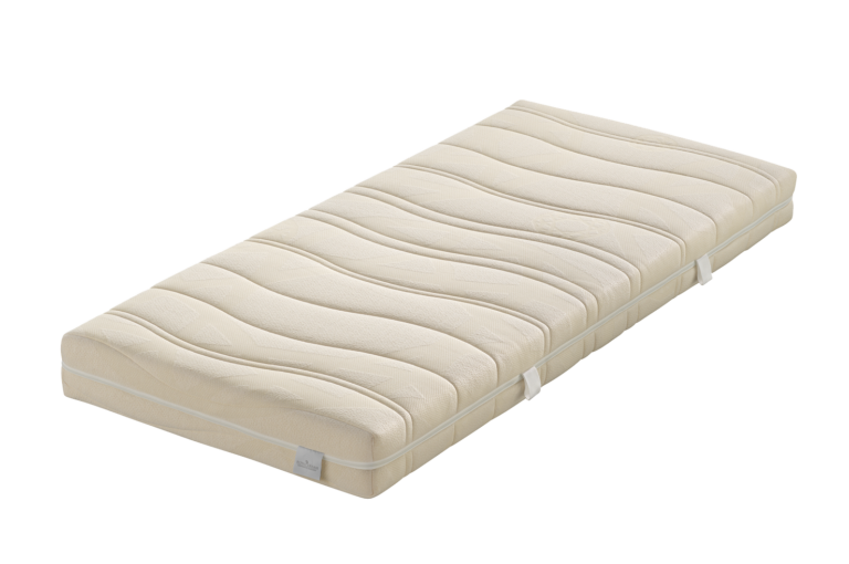 Eine beige Matratze mit wellenförmigem Polstermuster und seitlichen Griffen.