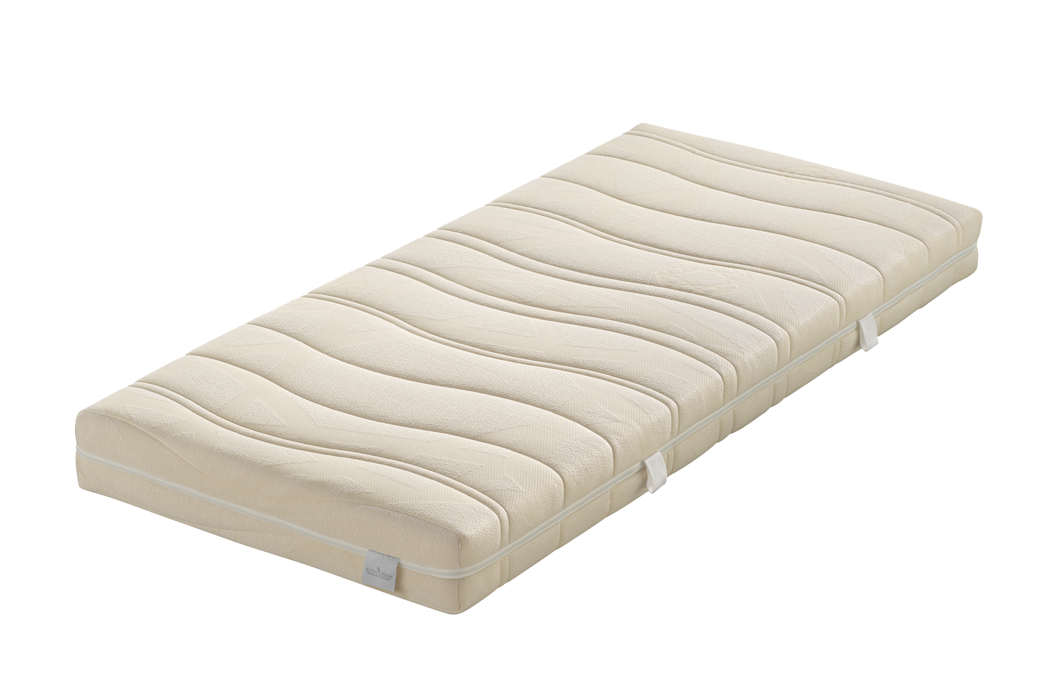 Eine beige Matratze mit wellenförmigem Polstermuster und seitlichen Griffen.