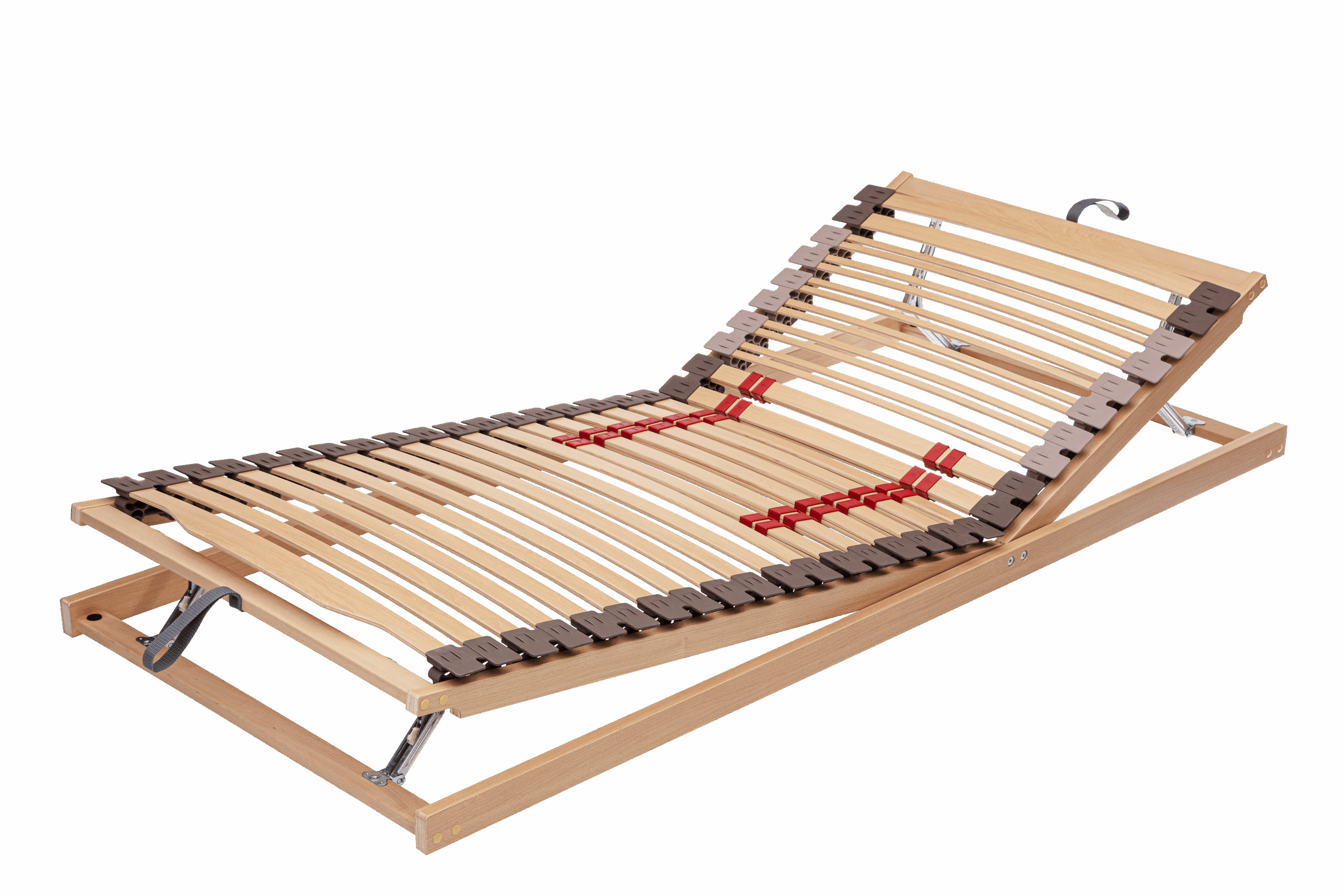 Ein verstellbarer Lattenrost aus Holz mit braunen und roten Verbindungselementen, teilweise in aufrechter Position angehoben.
