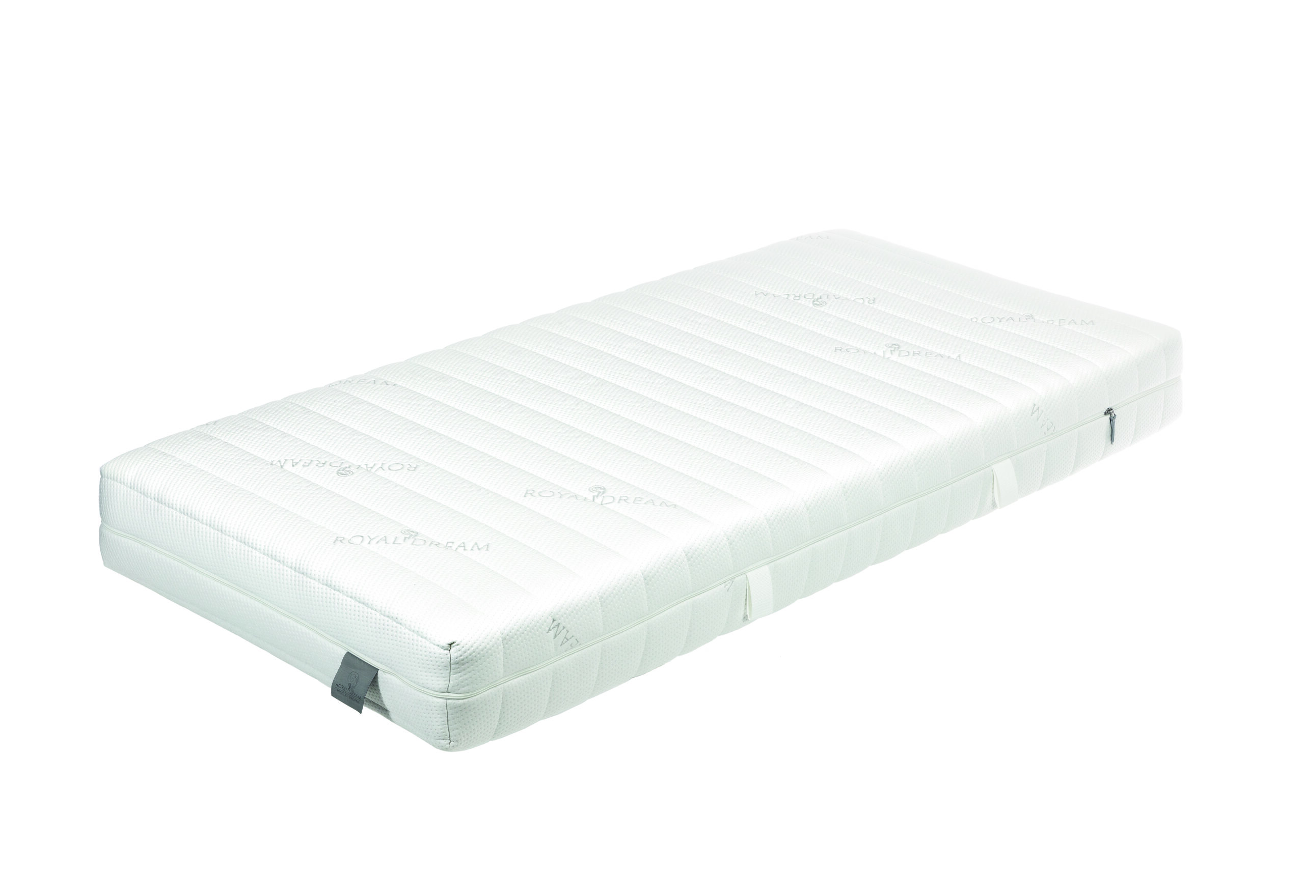 Eine weiße Matratze mit dem Aufdruck "ROYAL DREAM" Auf der Oberfläche, die horizontal gesteppt ist und einen Reißverschluss an der Seite hat.