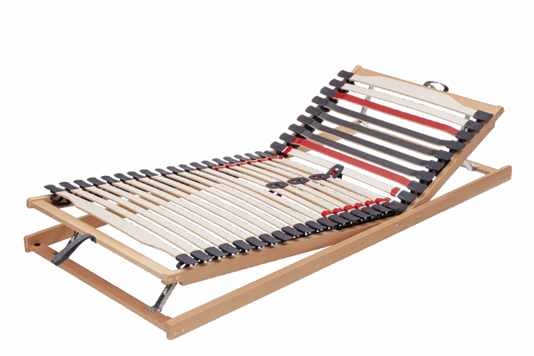 Lattenrost aus Holz mit verstellbarem Kopfteil, elastischen Kunststoffelementen und roten Akzenten.