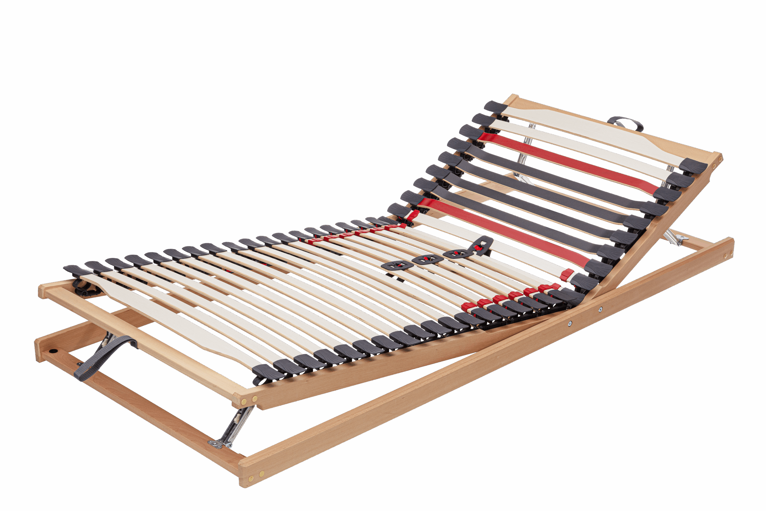 Lattenrost aus Holz mit verstellbarem Kopfteil, elastischen Kunststoffelementen und roten Akzenten.