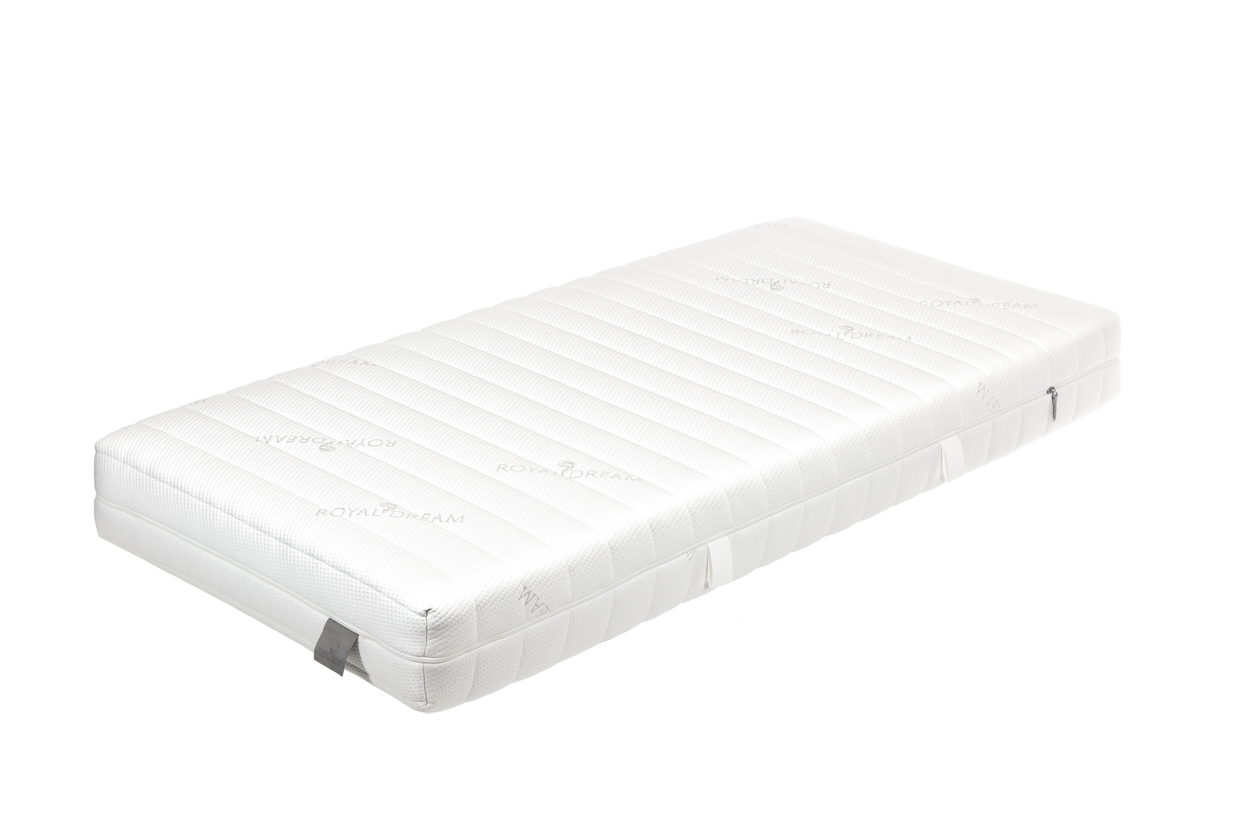 Weiße Matratze mit gestepptem Design und der Aufschrift "ROYAL DREAM" auf der Oberfläche, seitlich mit einem grauen Etikett und Reißverschluss versehen, freigestellt auf weißem Hintergrund.