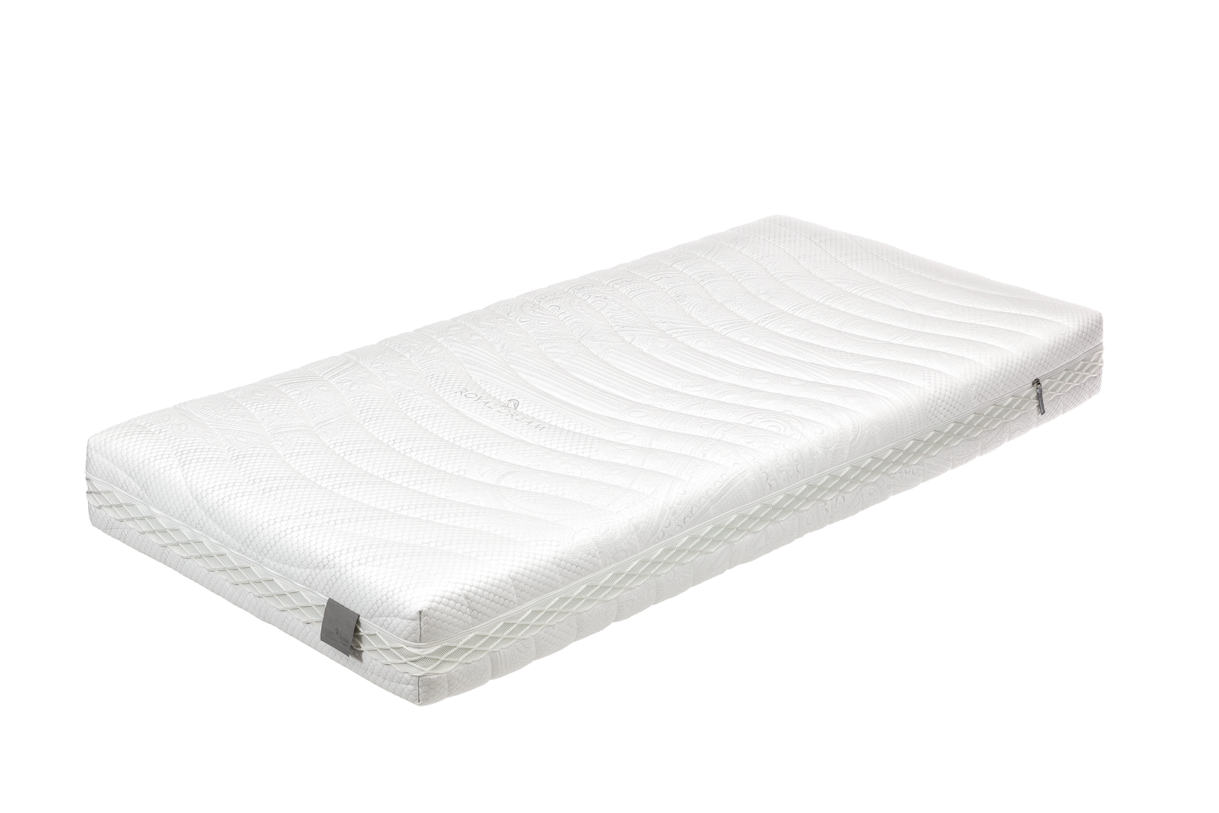 Weiße Matratze mit geprägtem Muster und seitlichem Reißverschluss.