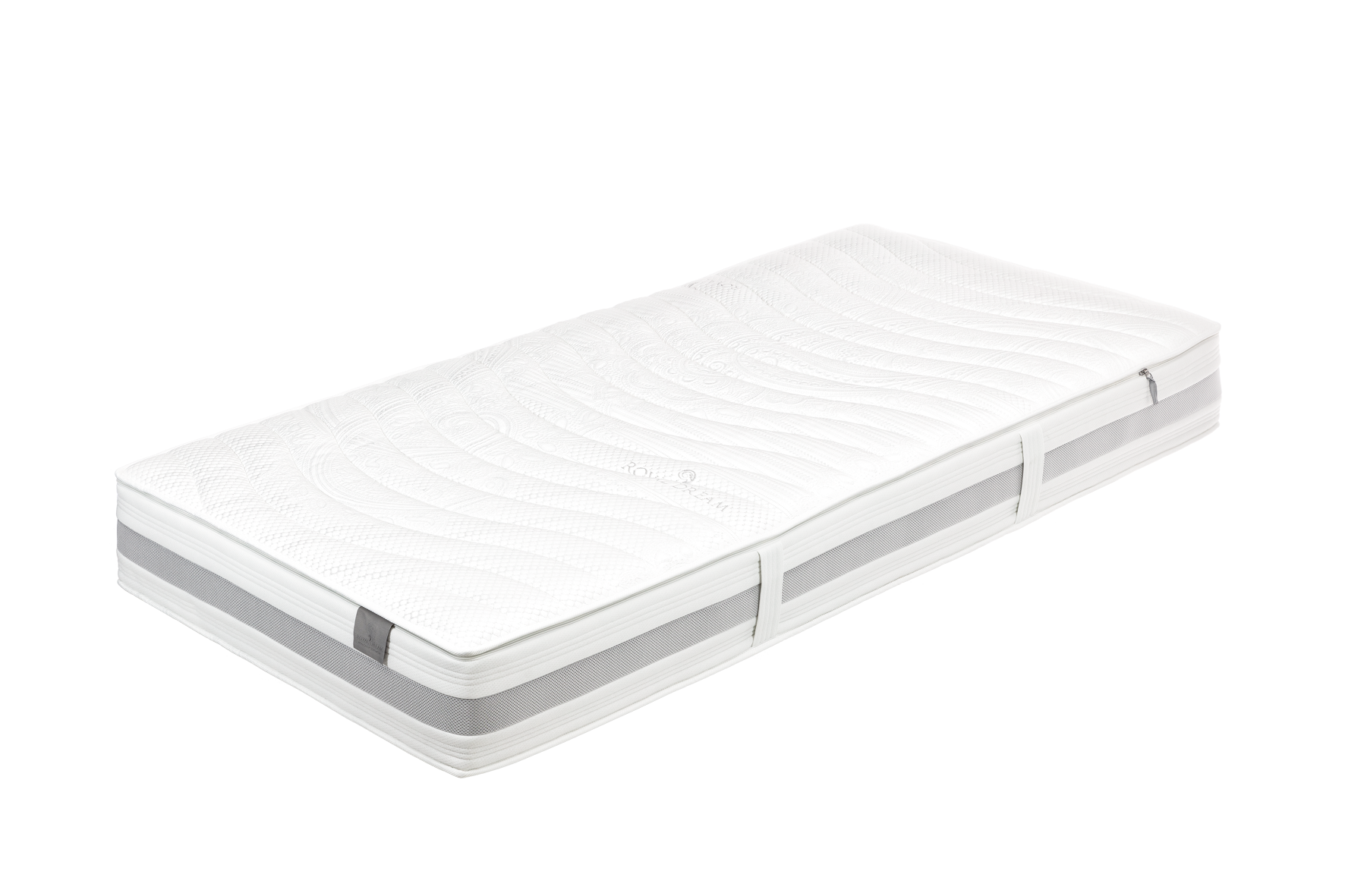 Weiße Matratze mit strukturiertem Muster und grauen Seitenelementen auf weißem Hintergrund.