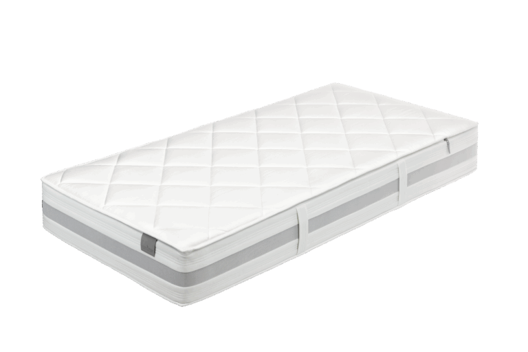 Weiße Matratze mit gestepptem Muster und grauen Seitenteilen, auf einem weißen Hintergrund.