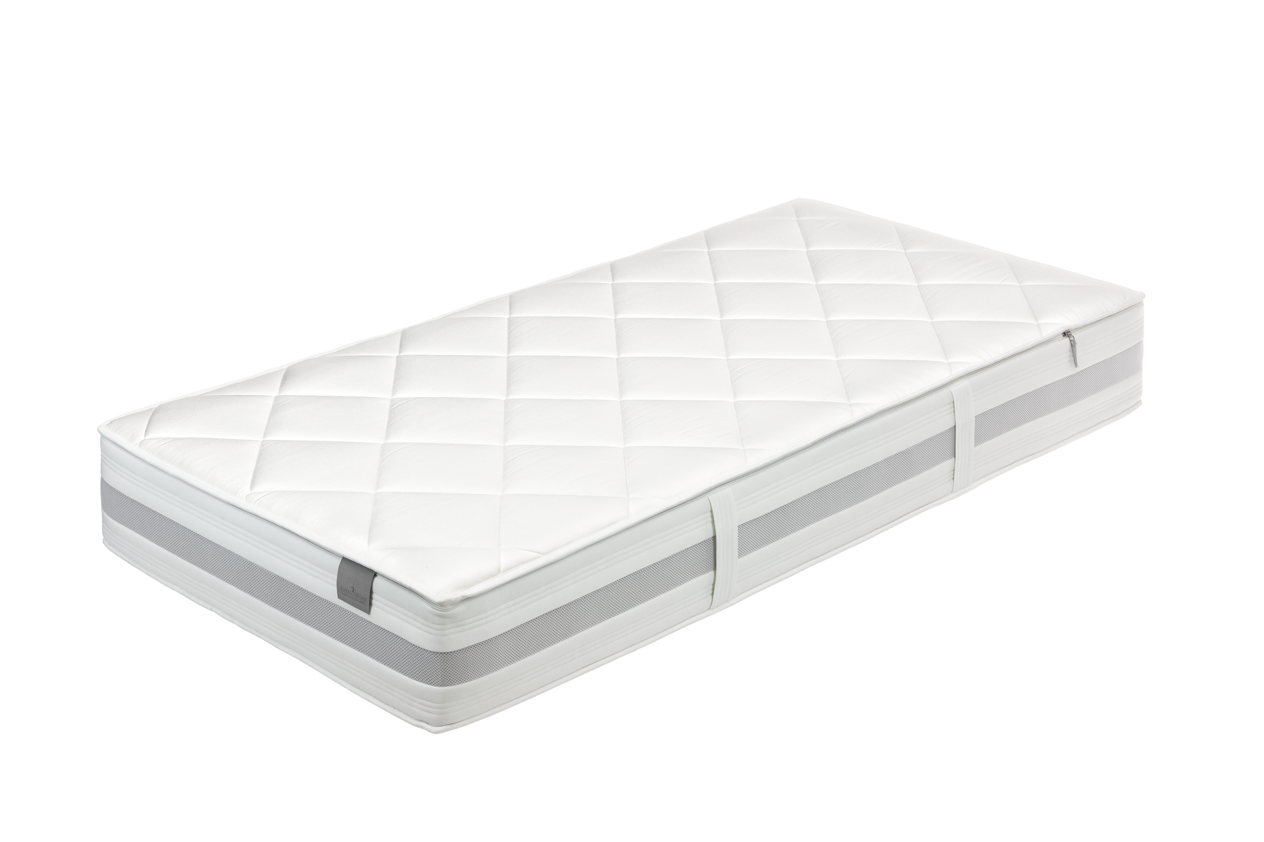 Weiße Matratze mit gestepptem Muster und grauen Seitenteilen, auf einem weißen Hintergrund.