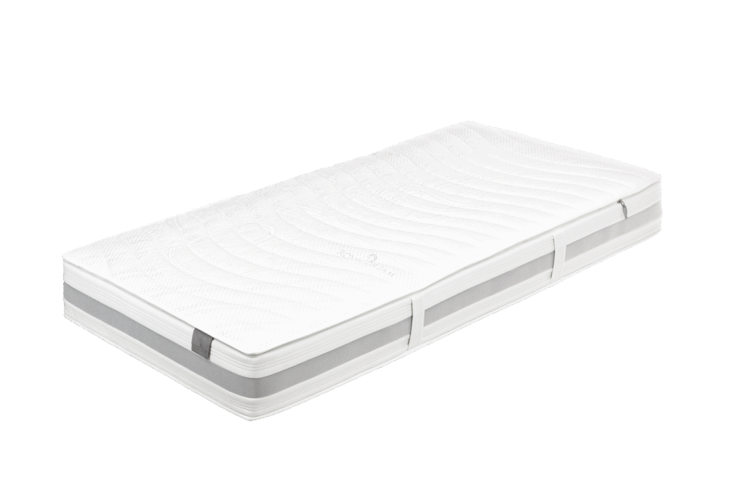 Weiße Matratze mit strukturierter Oberfläche und grauen Seitenstreifen, die auf einem weißen Hintergrund liegt.