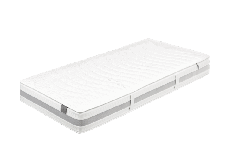 Weiße Matratze mit strukturierter Oberfläche und grauen Seitenstreifen, die auf einem weißen Hintergrund liegt.