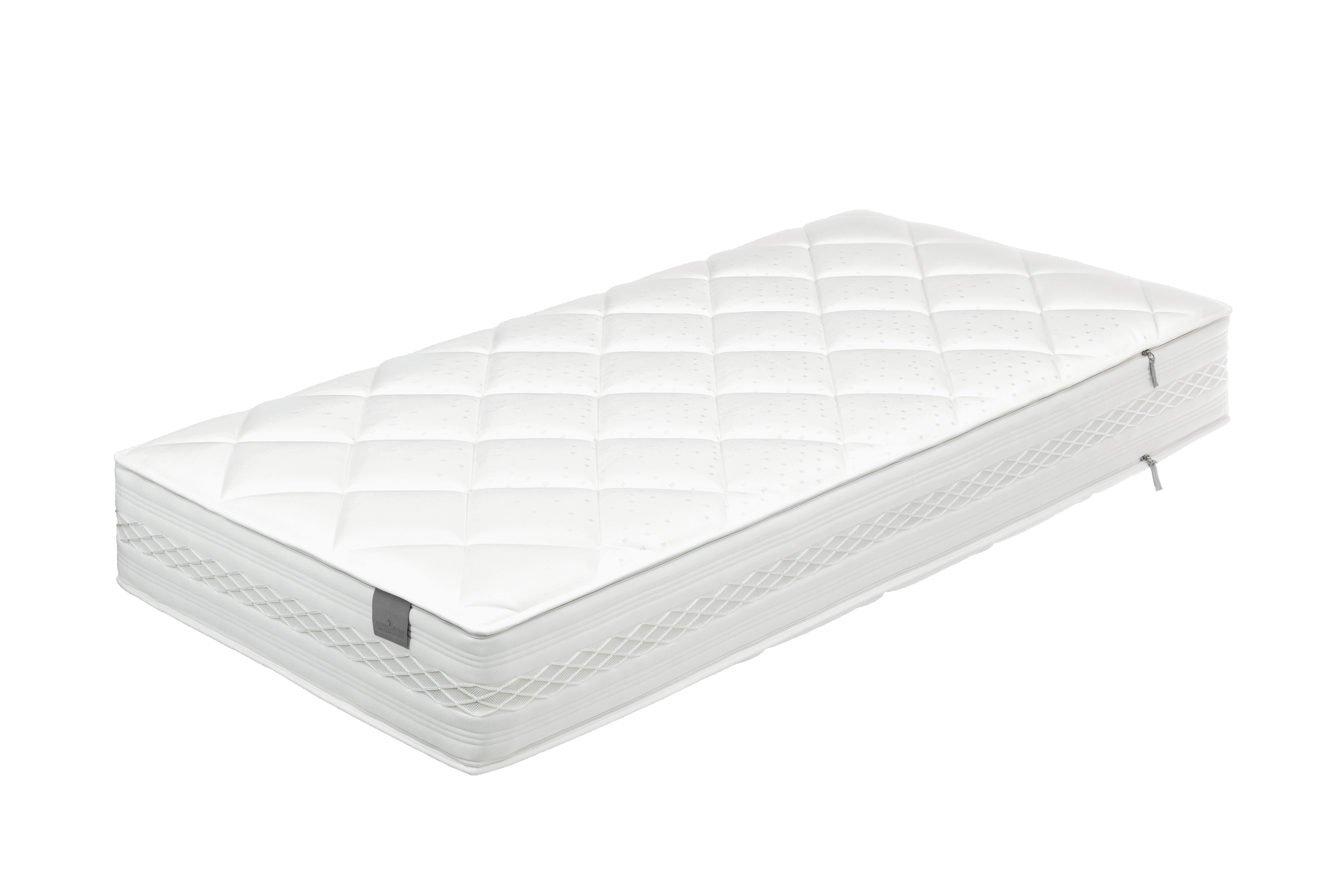 Weiße Matratze mit quadratischem Steppmuster und seitlicher Griffschleife, vor schwarzem Hintergrund präsentiert.