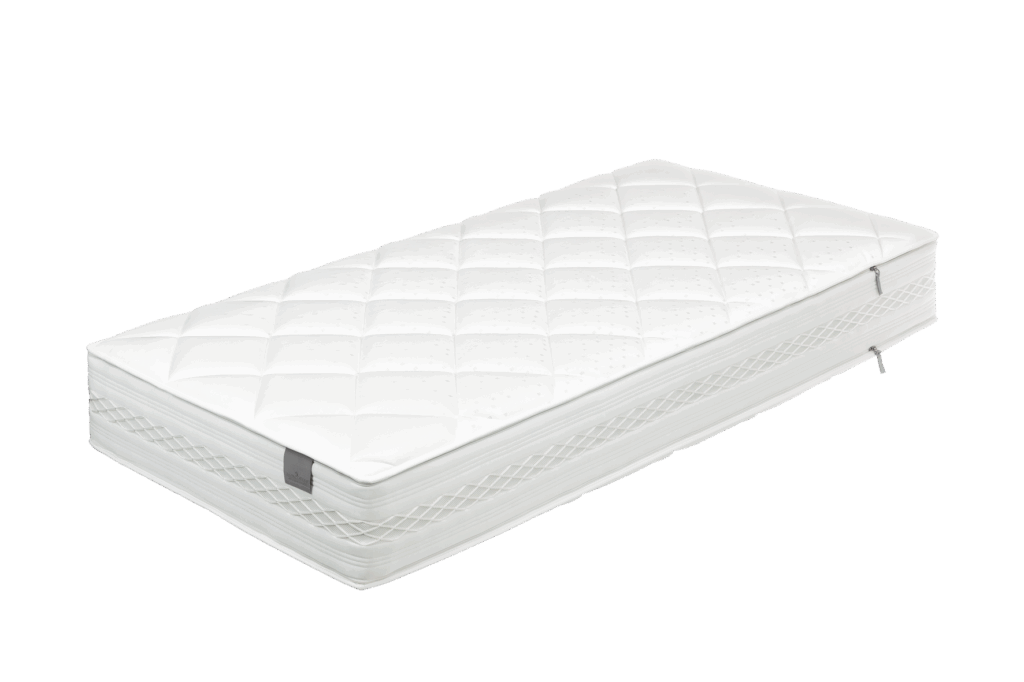 Weiße, gepolsterte Matratze mit quadratischer Steppung und umlaufendem Reißverschluss.