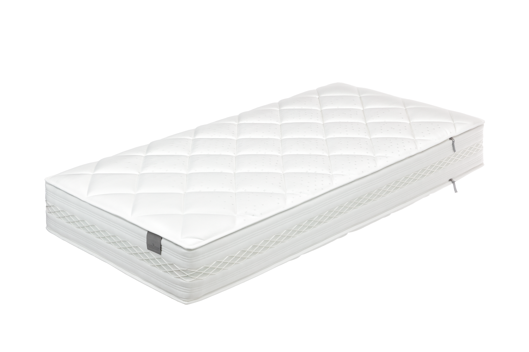Weiße, gepolsterte Matratze mit quadratischer Steppung und umlaufendem Reißverschluss.