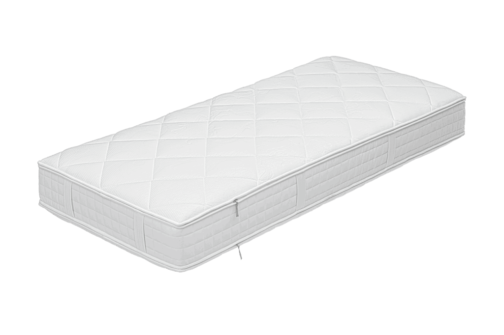 Weiße Matratze mit gestepptem Muster und seitlichem Reißverschluss, in einem rechteckigen, flachen Design.