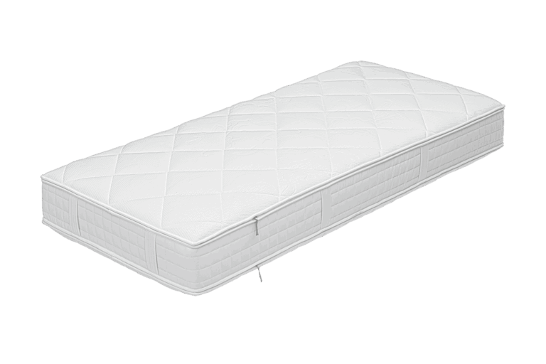 Weiße Matratze mit gestepptem Muster und seitlichem Reißverschluss, in einem rechteckigen, flachen Design.