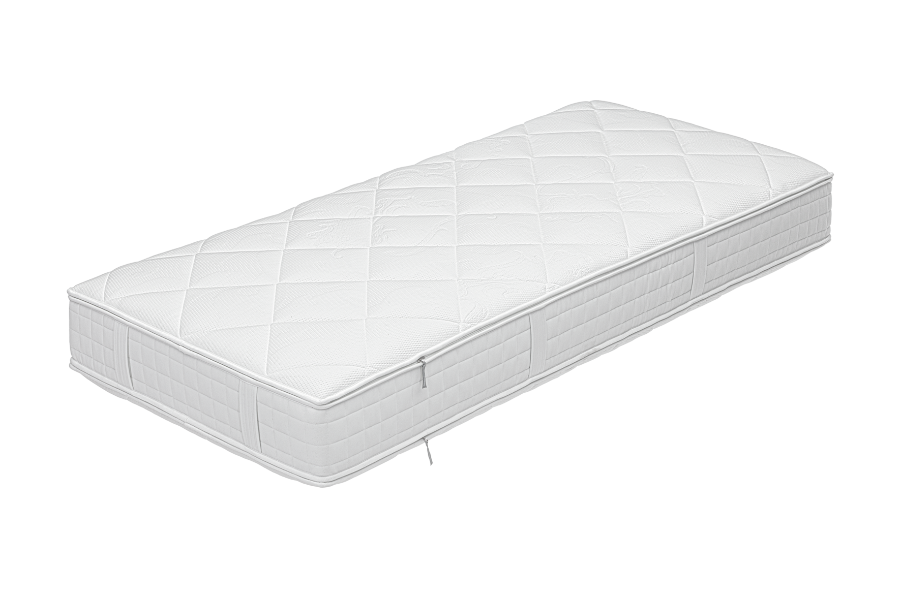 Weiße Matratze mit gestepptem Muster und seitlichem Reißverschluss, in einem rechteckigen, flachen Design.