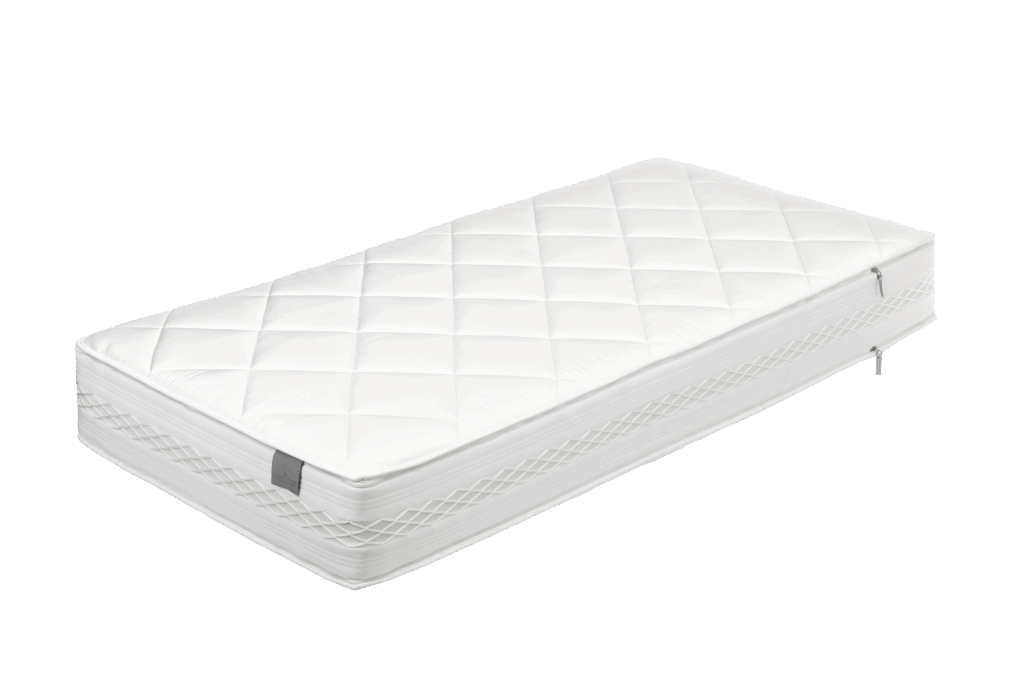 Weiße Matratze mit gestepptem Oberflächenmuster und seitlichen Tragegriffen.