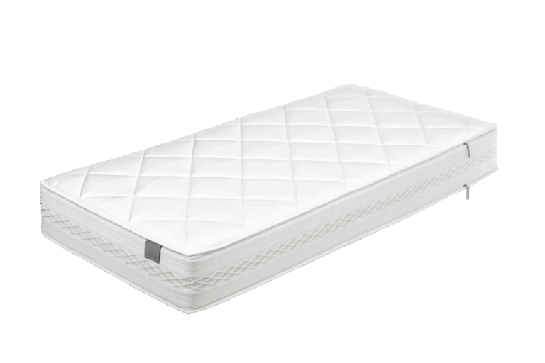 Weiße Matratze mit gestepptem Oberflächenmuster und seitlichen Tragegriffen.