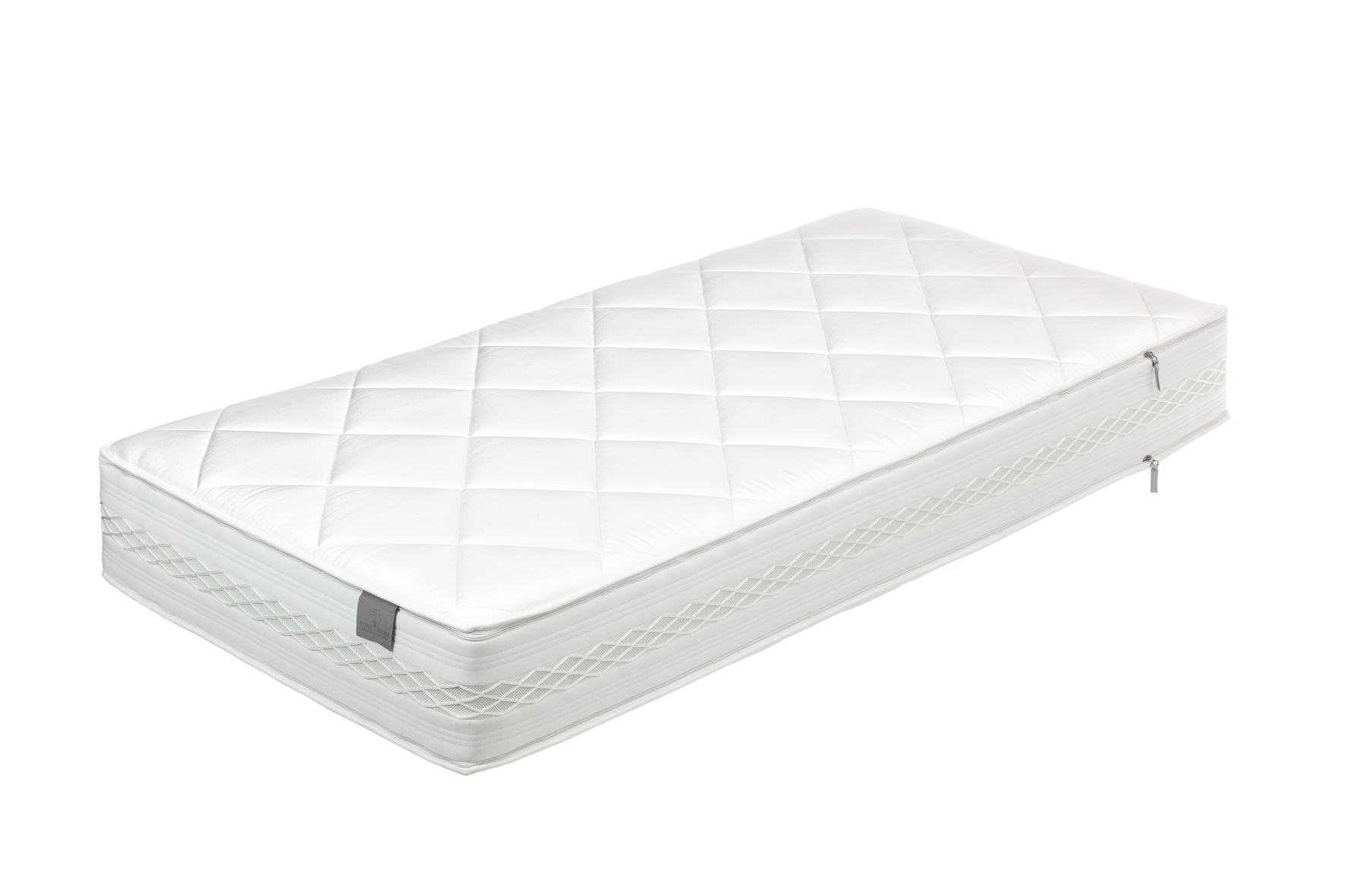 Weiße Matratze mit gestepptem Oberflächenmuster und seitlichen Tragegriffen.