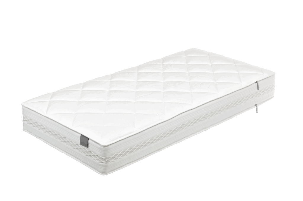 Weiße Matratze mit gestepptem Muster, Seitenverstärkungen und Reißverschlüssen.
