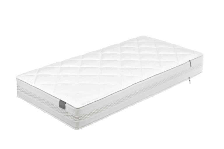 Weiße Matratze mit gestepptem Muster, Seitenverstärkungen und Reißverschlüssen.