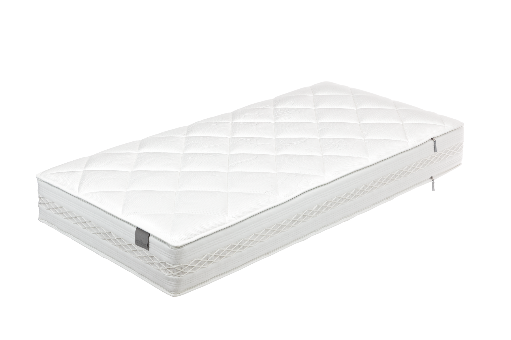 Weiße Matratze mit gestepptem Muster, Seitenverstärkungen und Reißverschlüssen.