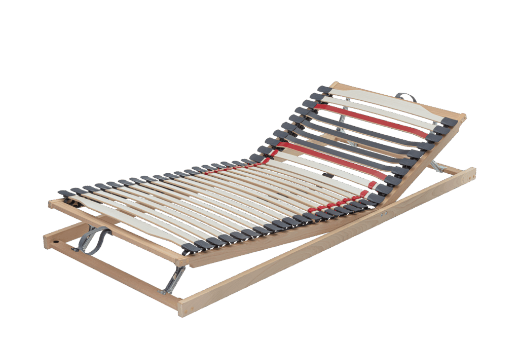 Verstellbarer Lattenrost aus Holz mit mehreren Holzleisten und roten und schwarzen Kunststoffhalterungen.