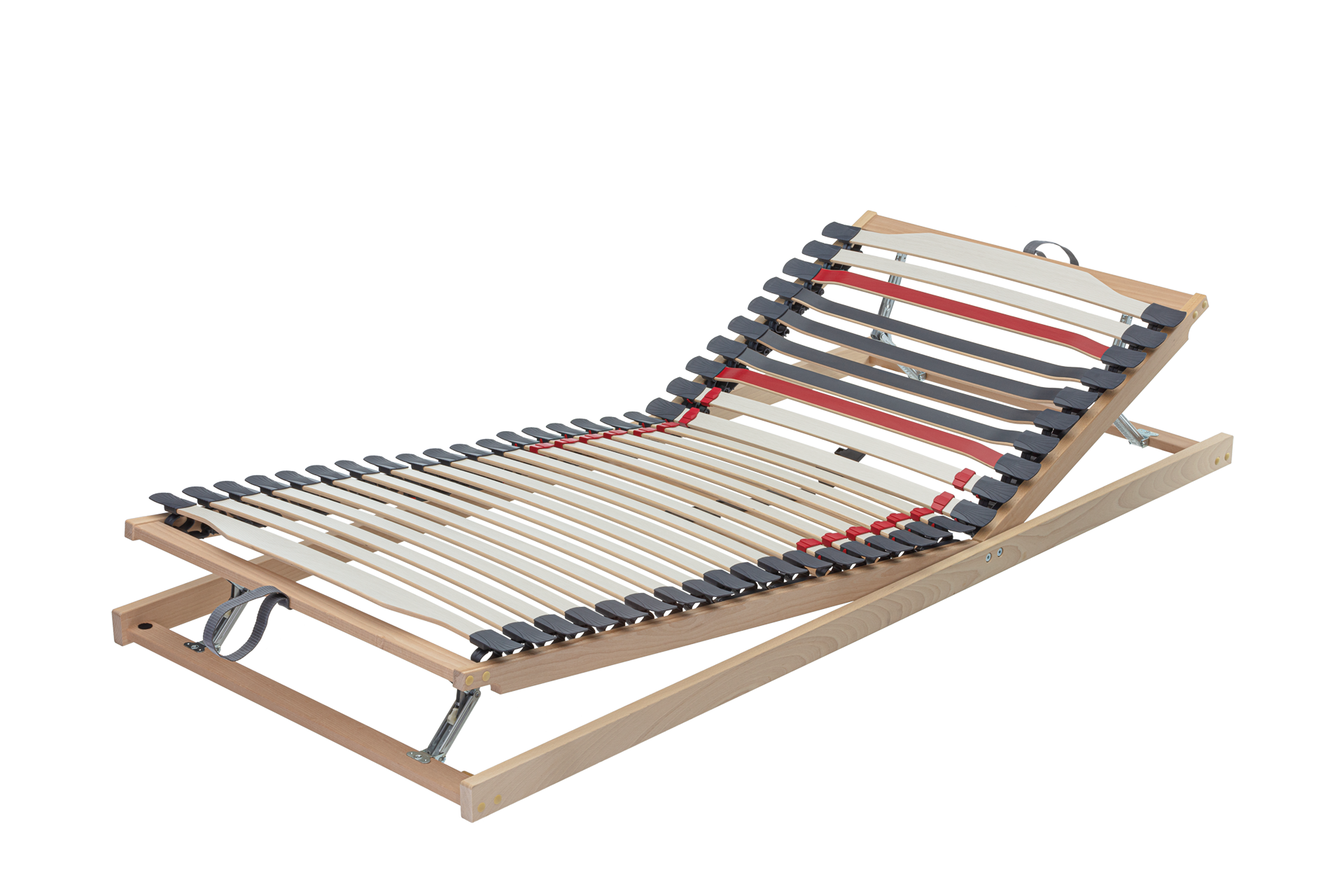 Verstellbarer Lattenrost aus Holz mit mehreren Holzleisten und roten und schwarzen Kunststoffhalterungen.