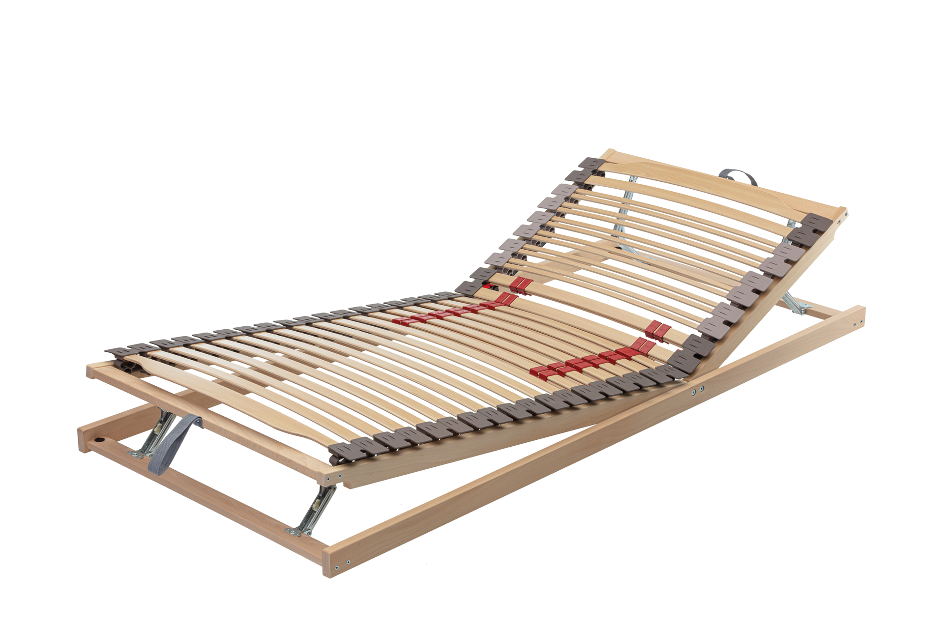 Höhenverstellbarer Lattenrost aus Holz mit Metallbeschlägen, bei dem Kopf- und Fußteil angehoben sind.