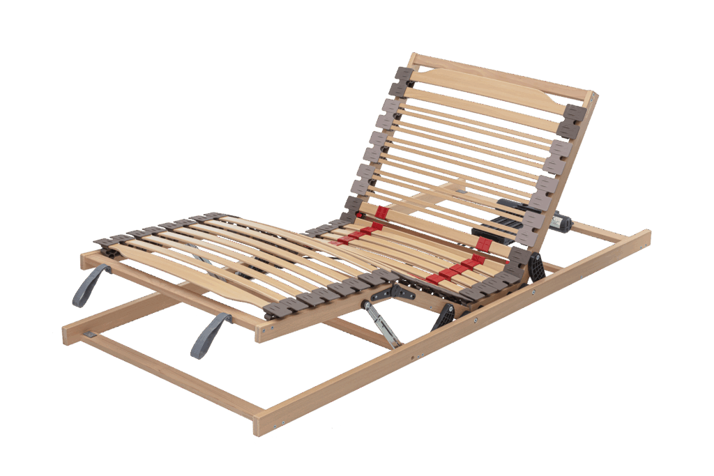 Elektrisch verstellbarer Lattenrost aus Holz mit mehreren Flexi-Zonen und verstellbaren Liegeteilen.