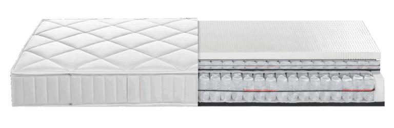 Eine Hybridmatratze, halb in Querschnittsansicht, zeigt eine obere Schicht aus gestepptem Stoff, darunter liegt eine Schicht aus perforiertem Material und Taschenfederkern.