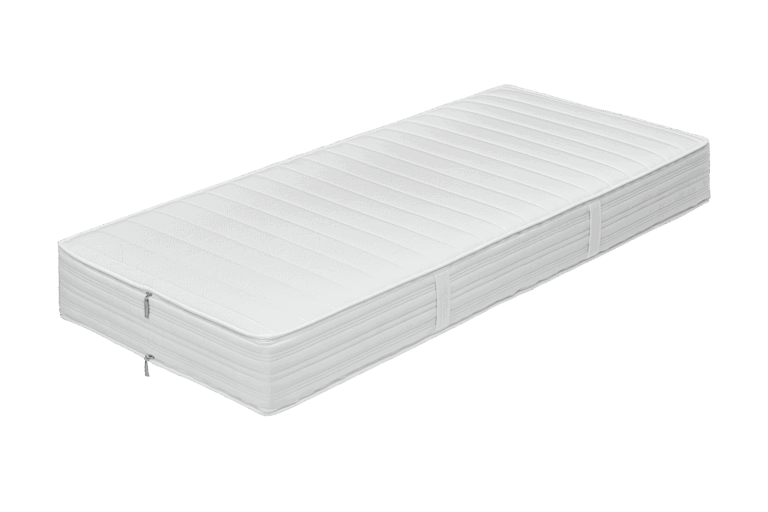 Ein weißer, rechteckiger Matratze mit gestepptem Muster und seitlichem Reißverschluss auf hellem Hintergrund.