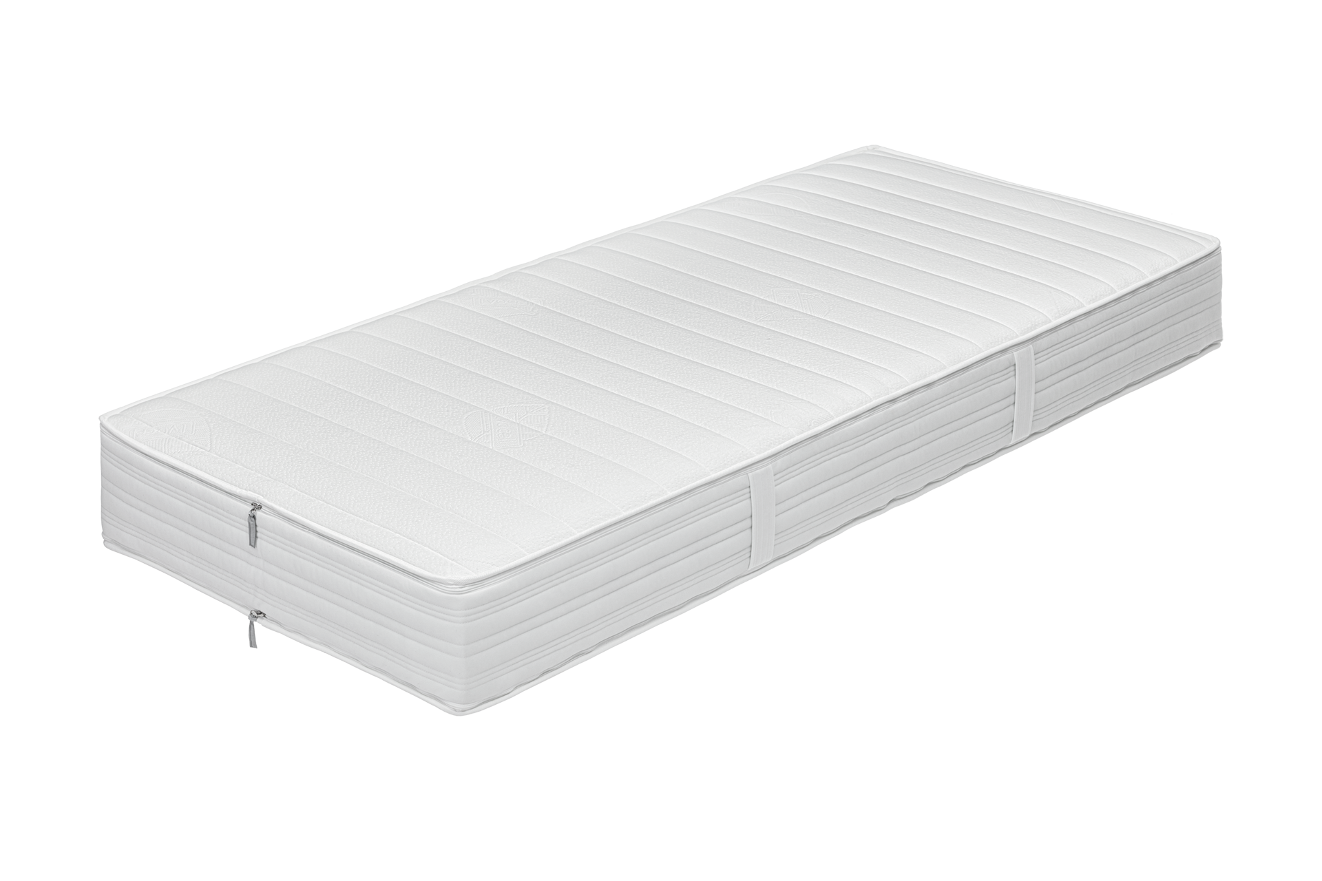 Ein weißer, rechteckiger Matratze mit gestepptem Muster und seitlichem Reißverschluss auf hellem Hintergrund.