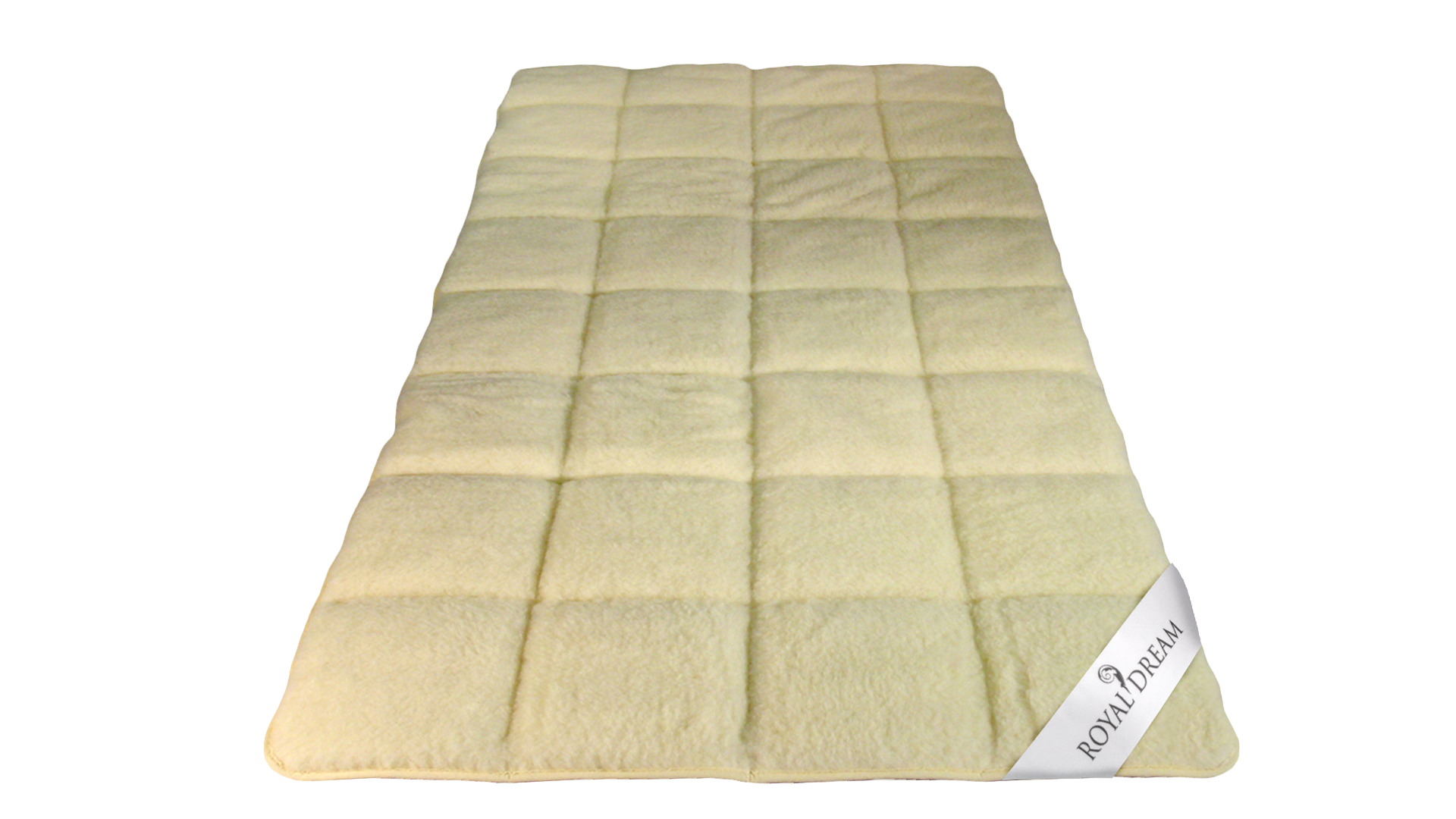 Beige, rechteckige Matratzenauflage mit einem karierten Muster und einem weißen Etikett mit der Aufschrift "Royal Dream" an einer Ecke.