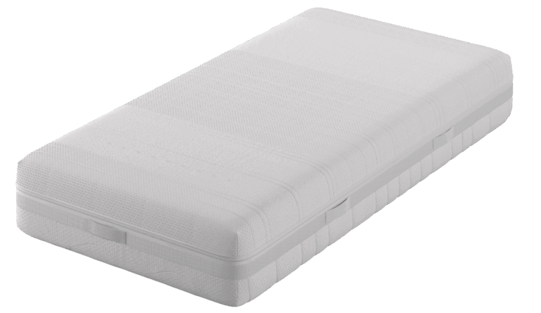 Ein weißes, rechteckiges Matratze mit strukturierter Oberfläche und integrierten seitlichen Griffen.