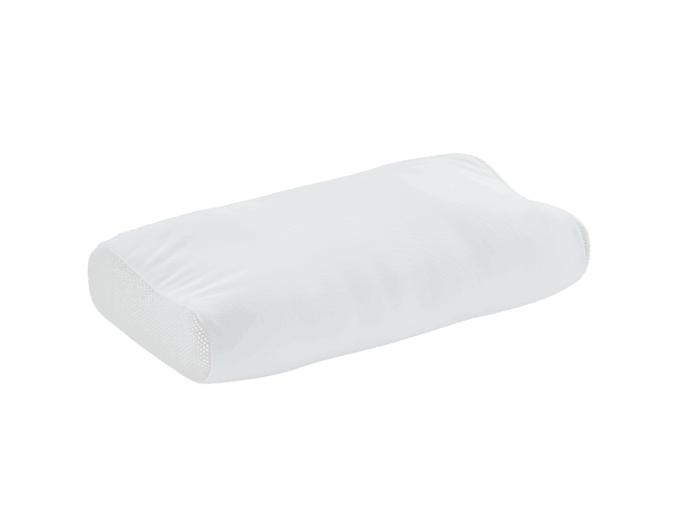 Ein rechteckiges, weißes Kissen mit Wölbungen auf der Oberseite, in einer neutralen Umgebung platziert.
