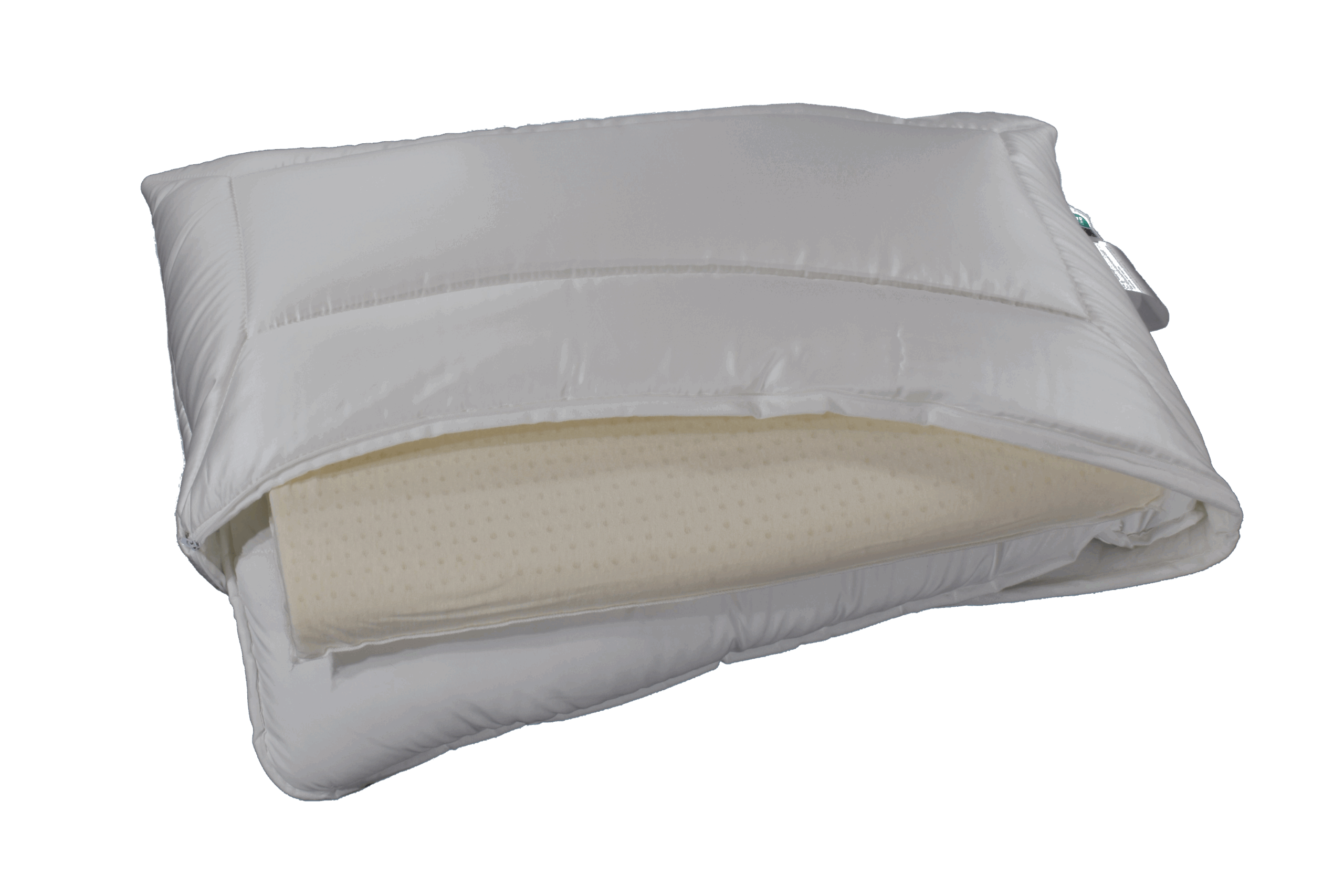 Ein Kopfkissen mit abnehmbarem Bezug, dessen Innenseite einen perforierten Schaumkern zeigt.